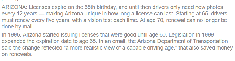 65岁前不需要更新驾照，亚利桑那州